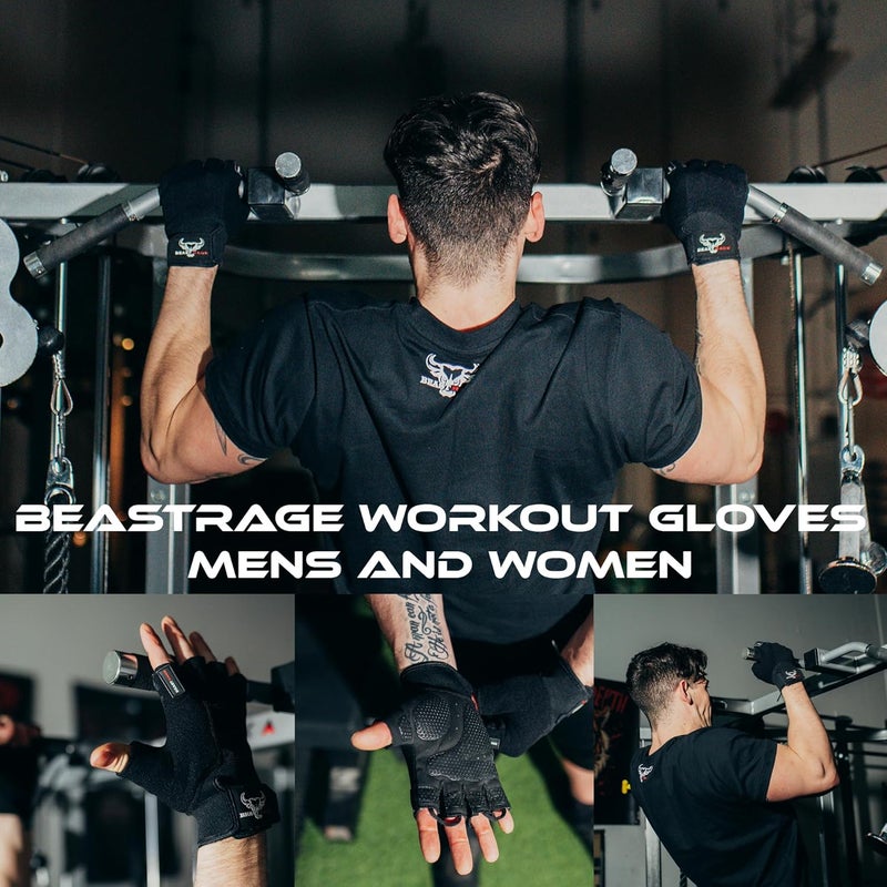 BEAST RAGE Workout Gloves for Men, Durable Palm Grip Gym Gloves Women Half Finger Elasticated Training Weight Lifting Strength Bodybuilding Anti Slip Cycling Gloves Exercise - Image 2